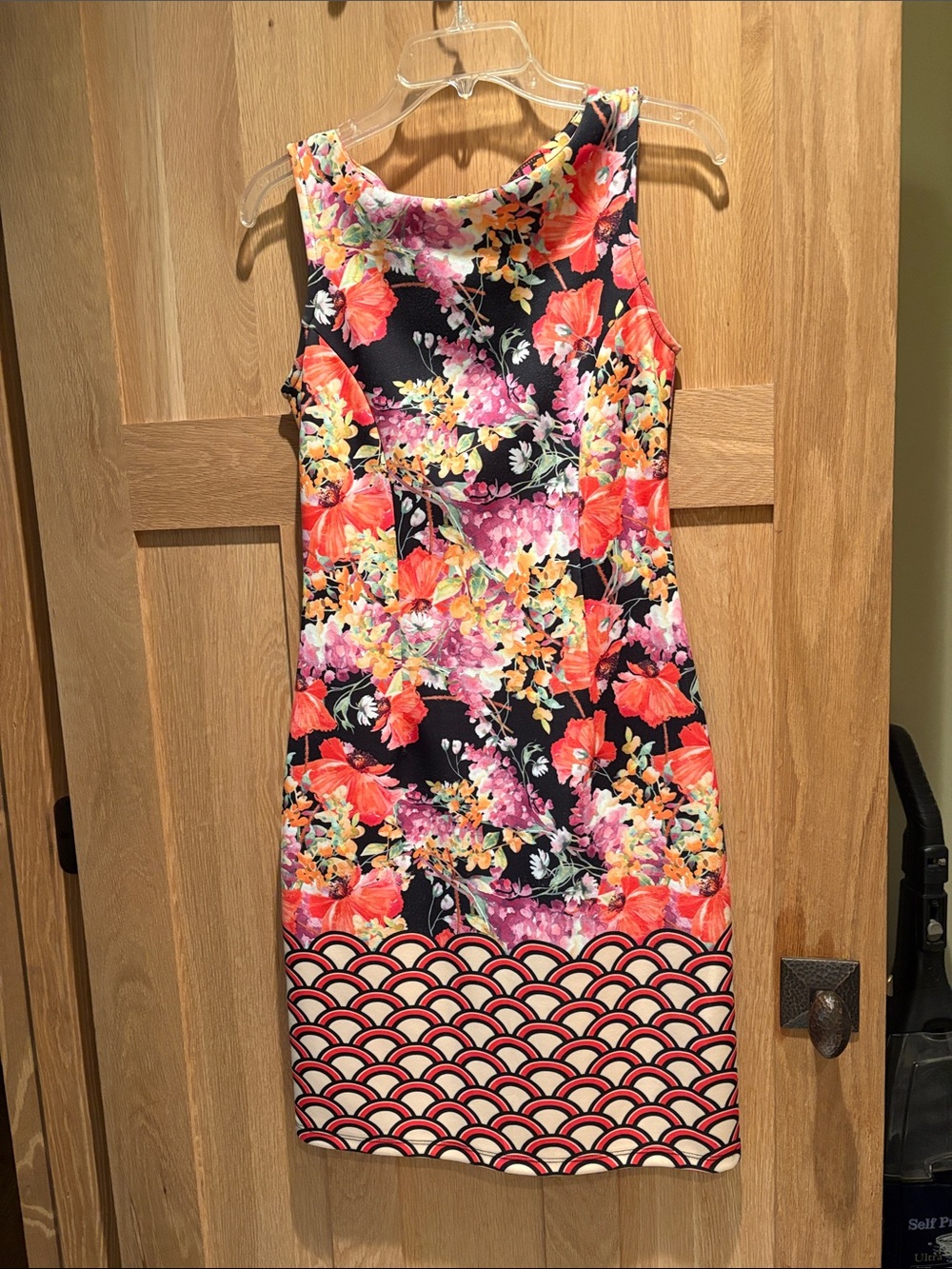 Floral Print Sheath Dress in Black and Coral